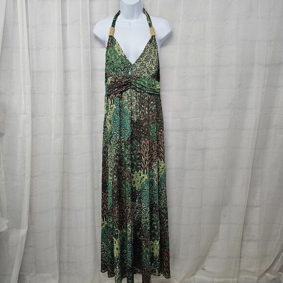 Claudia Richard Green Brown Retro Maxi Dress Halter Beaded Hippie Festival L - Picture 1 of 12
